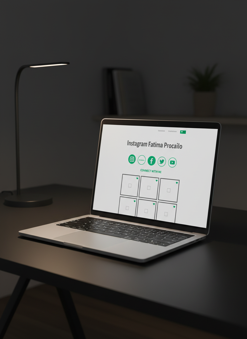 An open laptop on a matte black desk displays a professional personal website homepage titled “Instagram Fatima Procailo,” with clearly visible buttons linking to Instagram and other social channels. The layout is modern, with generous white space, a restrained color palette of charcoal, white, and one accent color like emerald green, and neat iconography. A minimalist desk lamp off to the side casts a focused, warm light on the keyboard and trackpad, while the rest of the room gently falls off into soft darkness. Shot at a three-quarter angle with shallow depth of field, the photographic image feels focused, confident, and ideal for a serious social media presence.