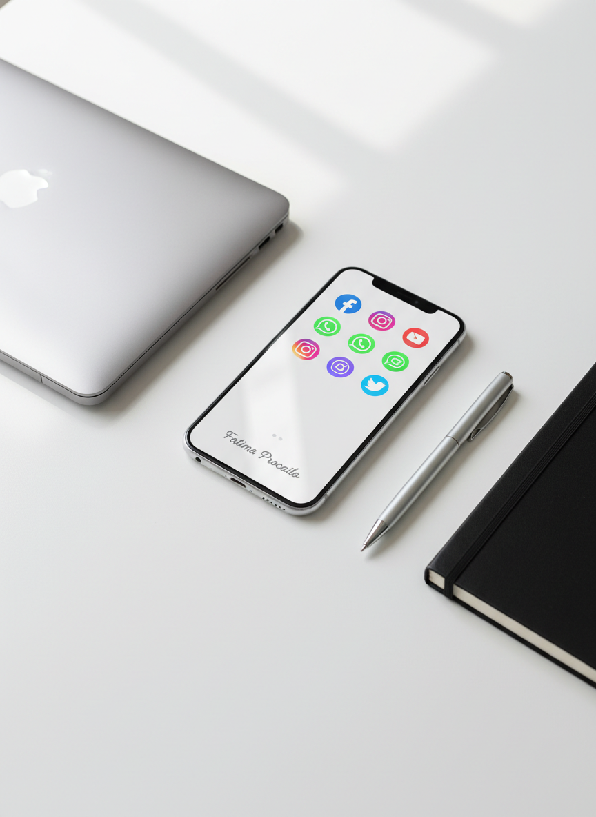A sleek smartphone lying on a spotless white desk, its screen displaying a clean grid of colorful social media icons labeled with the name “Fatima Procailo” in a subtle, elegant font. Around the phone, there is a neatly arranged laptop closed in brushed aluminum, a slim black notebook, and a metallic pen, all aligned with precision. Soft daylight from an unseen window washes across the surface, creating gentle reflections on the polished materials. Shot from a slightly elevated angle with photographic realism, the composition follows the rule of thirds, leaving negative space for clarity. The mood is professional, organized, and modern, symbolizing a unified hub for all social links.