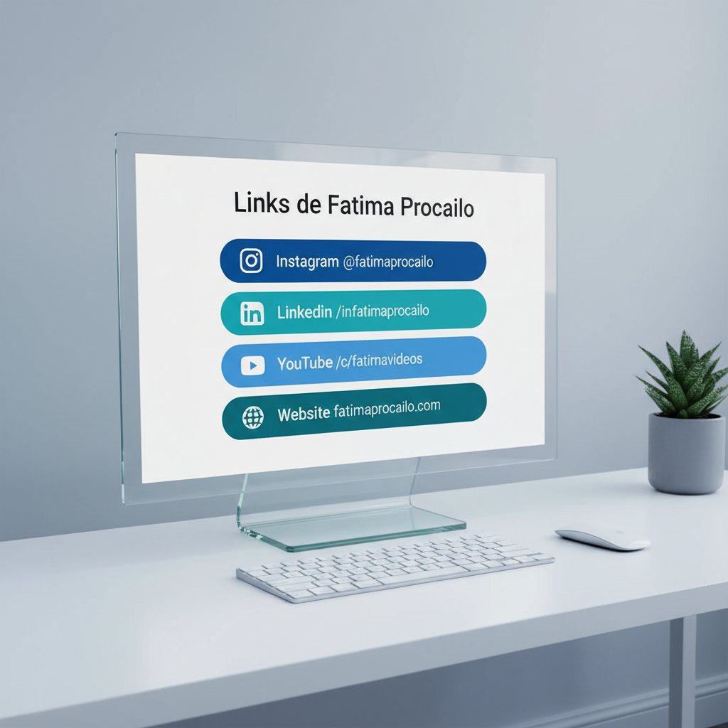 A large, ultra-thin glass monitor on a minimalistic white workstation shows a professional link-in-bio style dashboard titled “Links de Fatima Procailo.” Each card on the screen has crisp icons for different social platforms, accent colors in deep blue and teal, and neatly spaced sections. A wireless keyboard and mouse sit symmetrically in front, with a discreet plant in a matte gray pot adding a hint of nature at the edge of the frame. Cool, diffused studio lighting gives the scene an even, reflection-free look. Captured at eye level with sharp focus throughout, the photographic image feels clean, trustworthy, and corporate, perfect for a professional online presence.