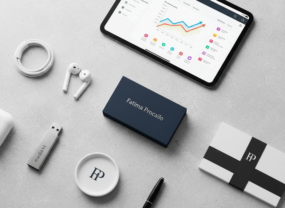 A carefully arranged flat lay of branded stationery on a light concrete surface, all centered around a dark navy business card embossed with “Fatima Procailo” in silver lettering. Surrounding it are a tablet showing social media analytics, neatly coiled white earphones, and a slim silver USB drive labeled “media kit.” Overhead softbox lighting produces gentle, shadowless illumination, highlighting textures like the slight sheen of the card and the matte finish of the tablet case. Composed with asymmetrical balance, the photographic scene conveys precision, digital professionalism, and a sense of curated online identity for centralized social links.